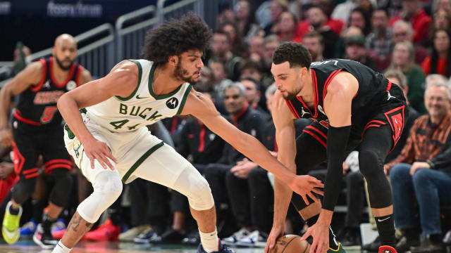 Chicago Bulls guard Zach LaVine (8) is guarded by Milwaukee Bucks guard Andre Jackson Jr. (44) 